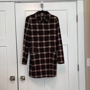 Joseph Black and Brown Plaid Pea Coat